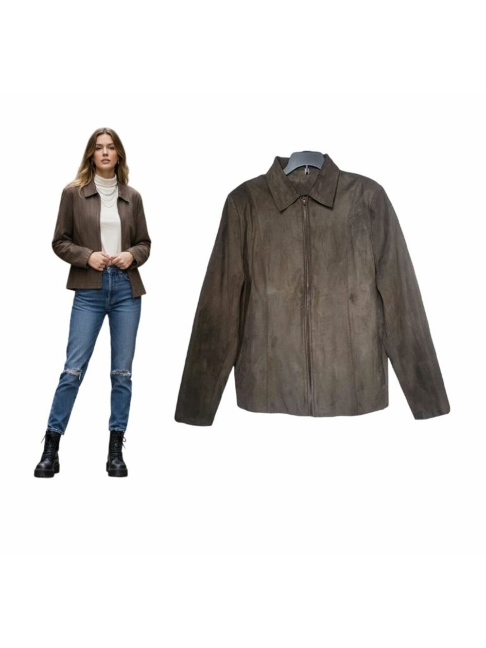⭐Women Suede Vintage Jacket Sz 40 L Retro Gypsy Piel Leather distressed Olive
